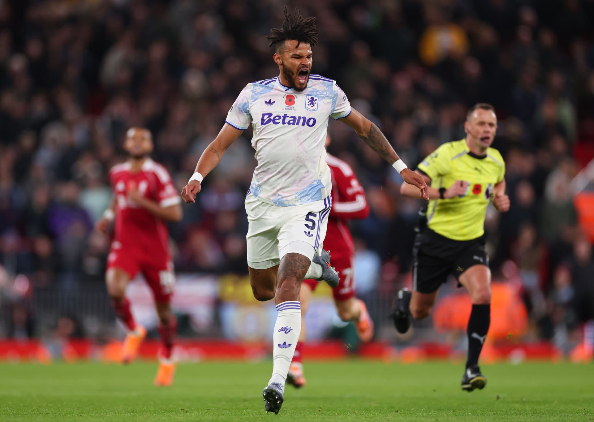 Tyrone Mings of Aston Villa reacts as he runs off the ball during the Premier League