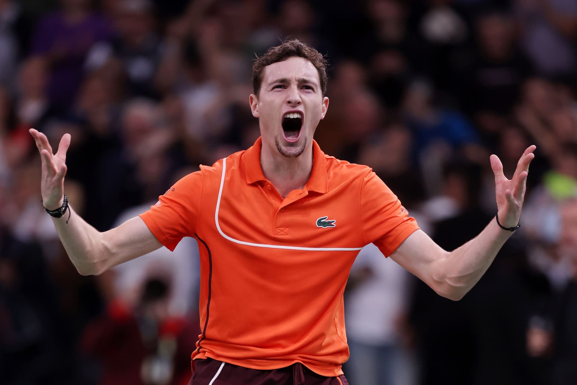 Ugo Humbert of France celebrates after winning match point against Carlos Alcaraz