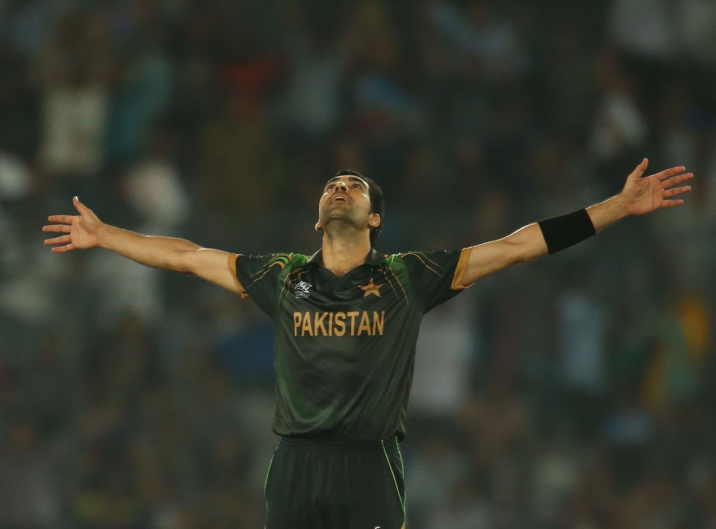 Umar Gul of Pakistan celebrates after dismissing Brad Hodge