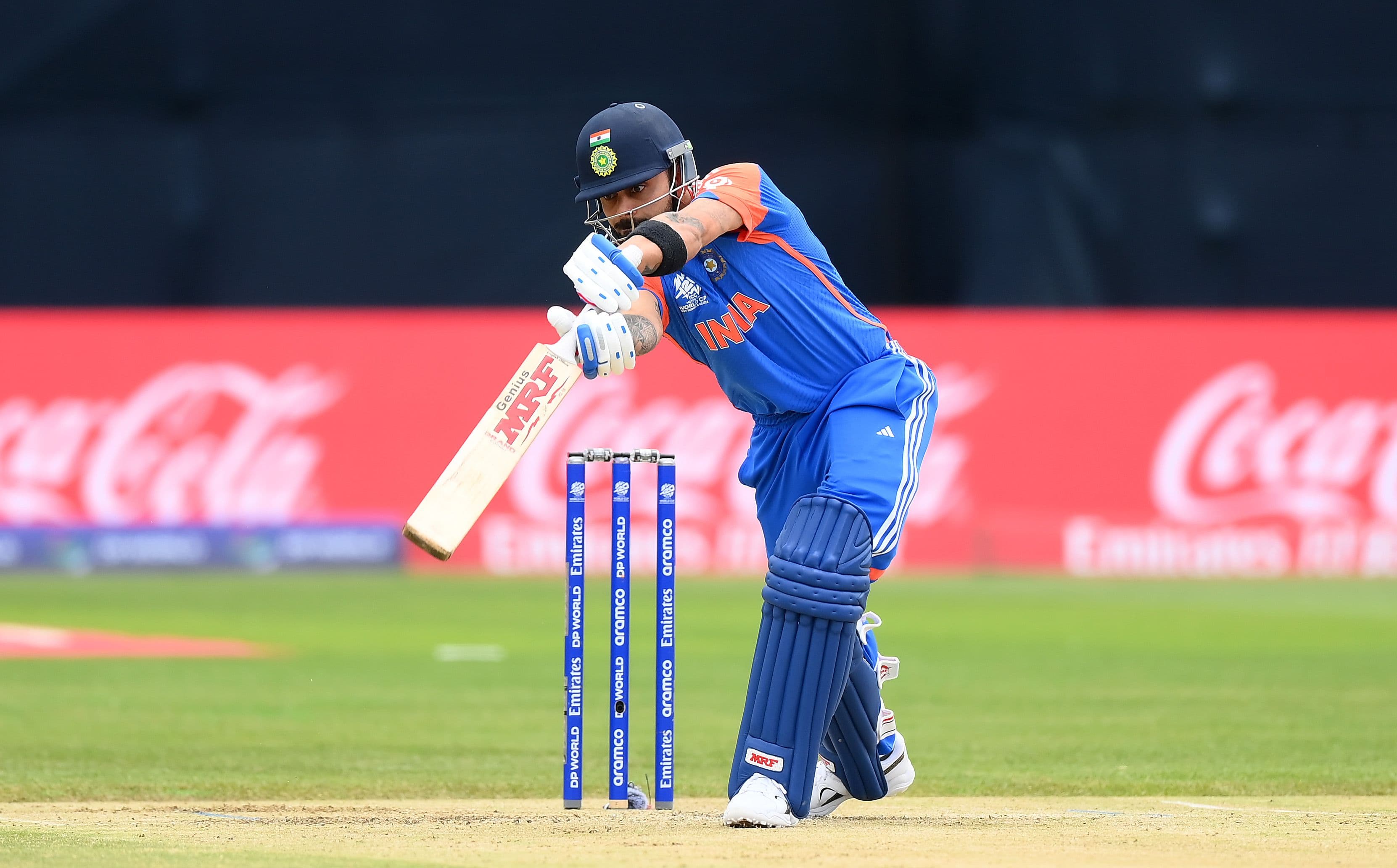Virat Kohli of India hits out for four runs during the ICC Men's T20 Cricket World Cup