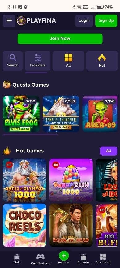 Visit the Playfina homepage