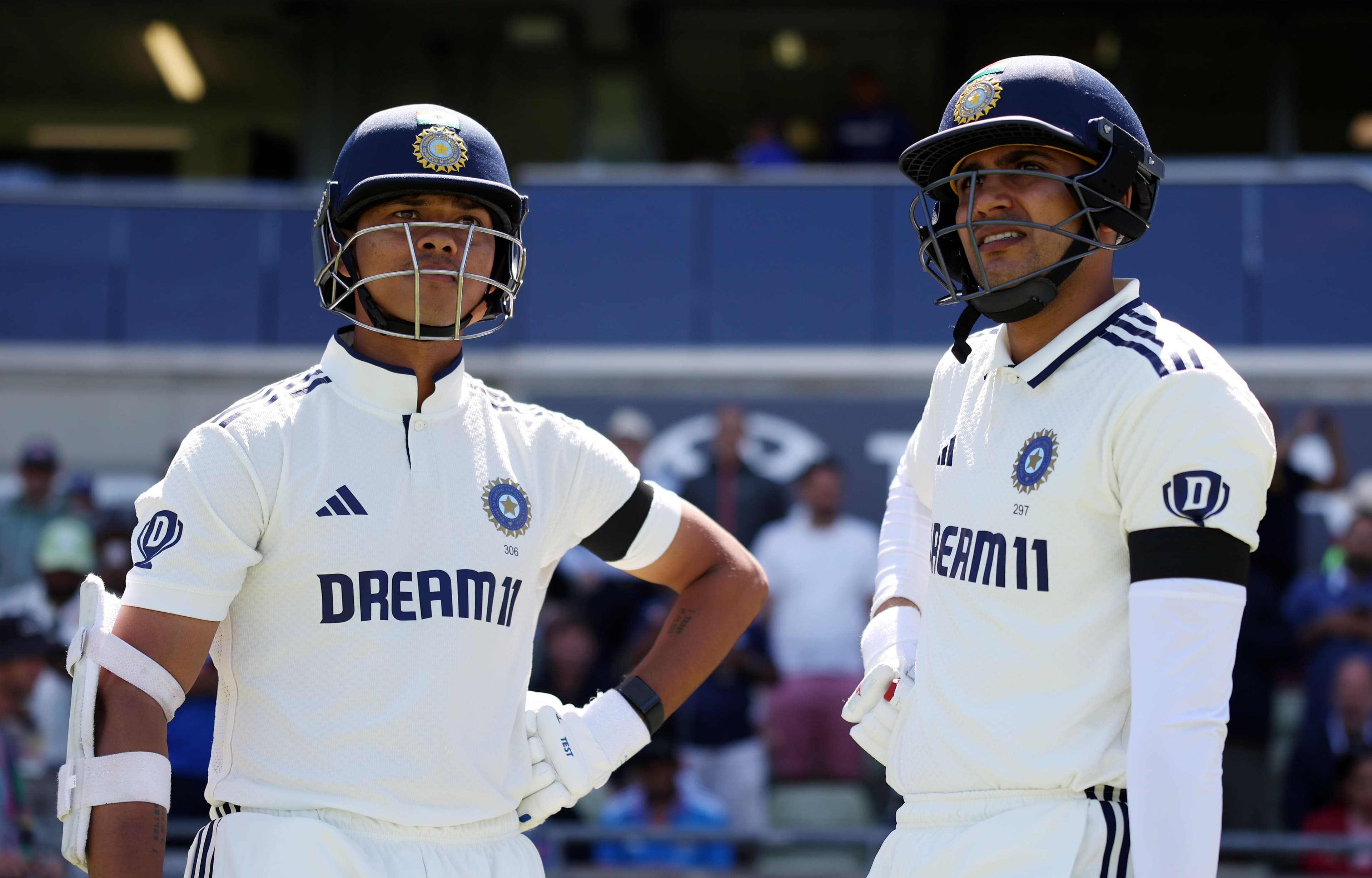 Yashasvi Jaiswal and Shubman Gill of India head out to bat