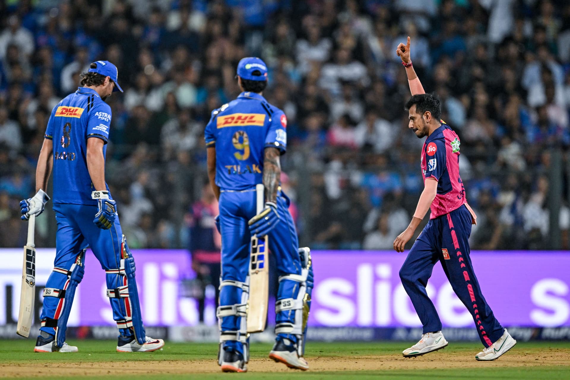 Yuzvendra Chahal celebrates after taking the wicket of Tilak Varma